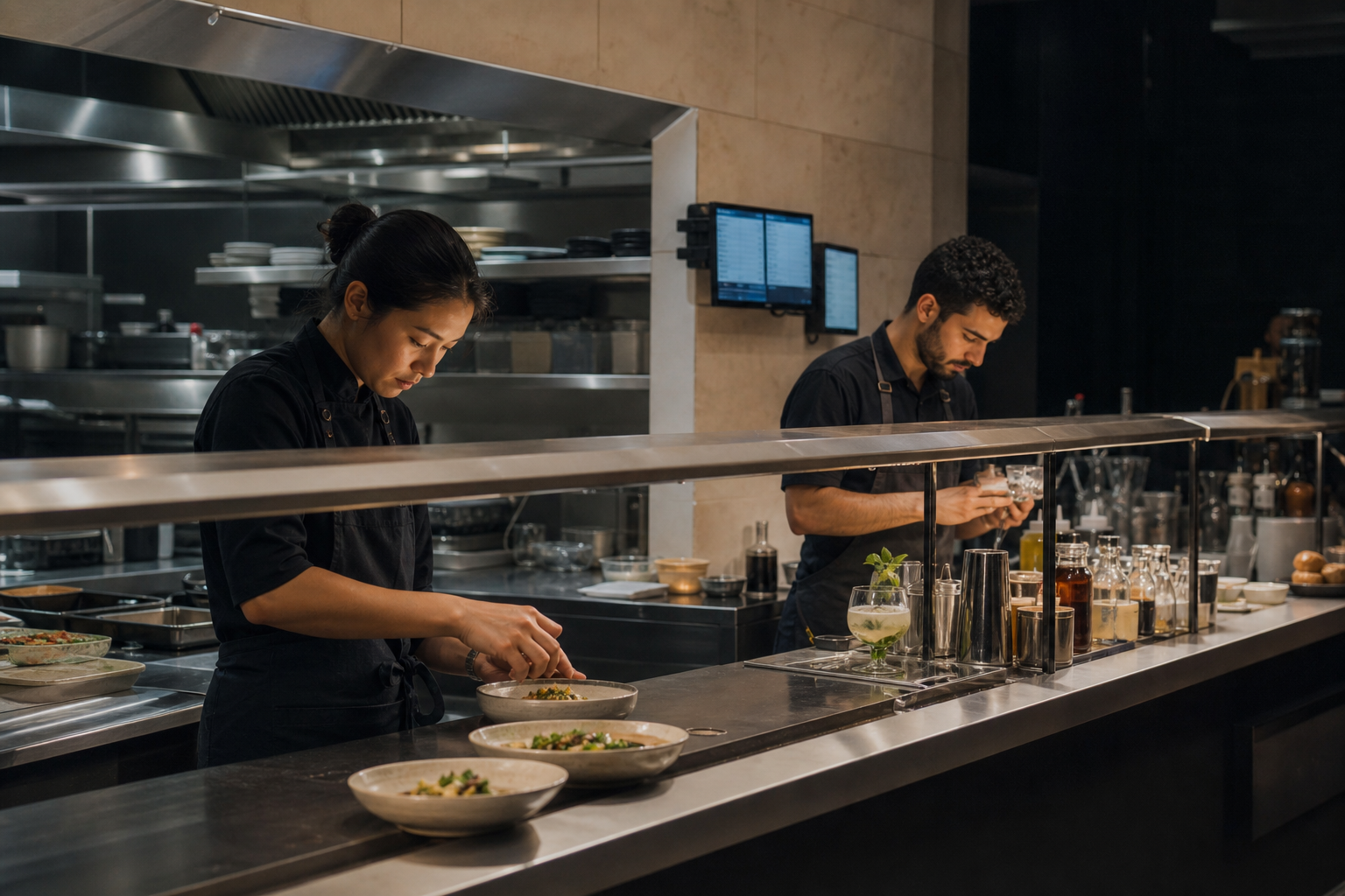 Kitchen and bar staff preparing orders at separate stations