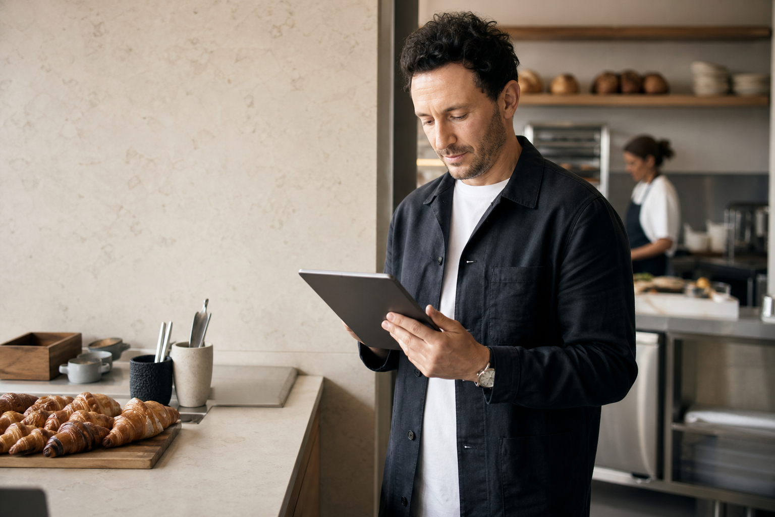 Cafe manager reviewing operations on a tablet